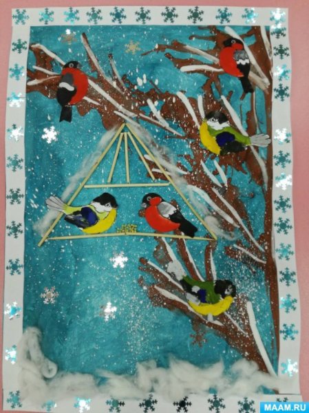 Коллективная аппликация птицы на кормушке