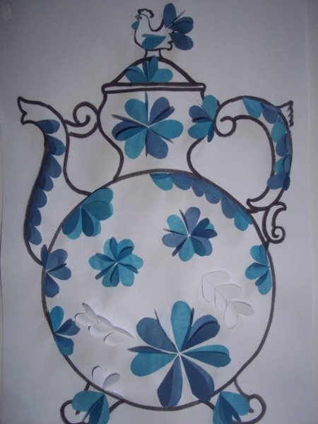 Аппликация чайничек в стиле Гжель