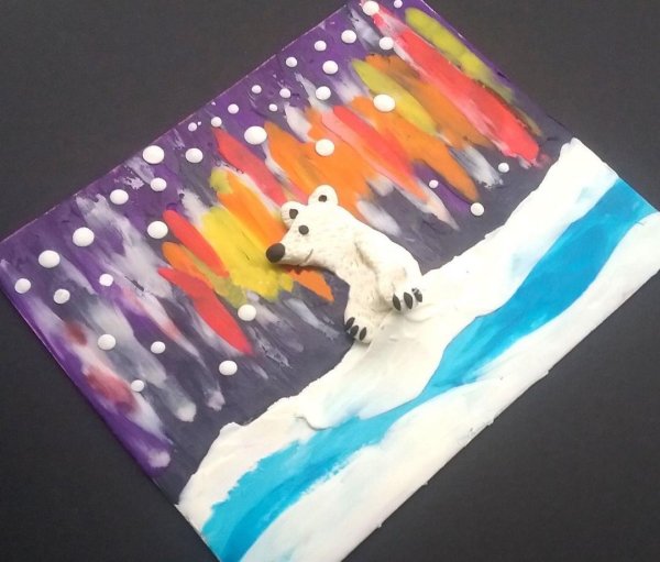 Пластилинография белый медведь и Северное сияние