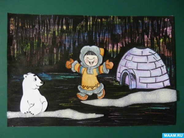 Техника рисования граттаж Северное сияние