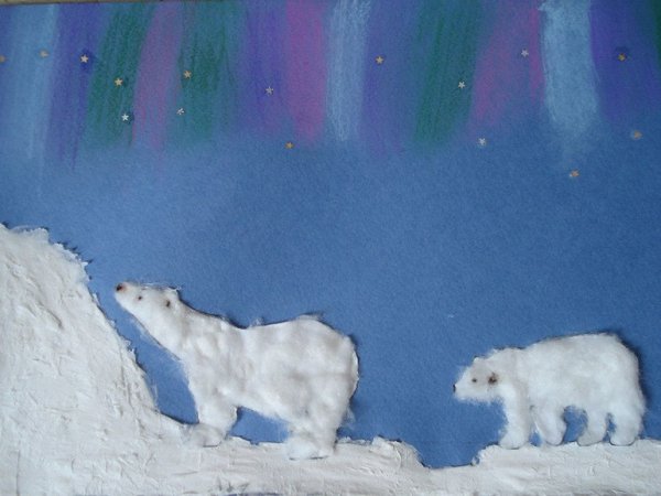 Пластилинография белый медведь и Северное сияние