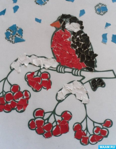 Обрывная аппликация Снегирь в подготовительной группе
