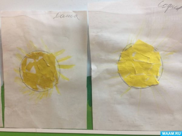 Аппликация солнышко методом обрывания в средней группе