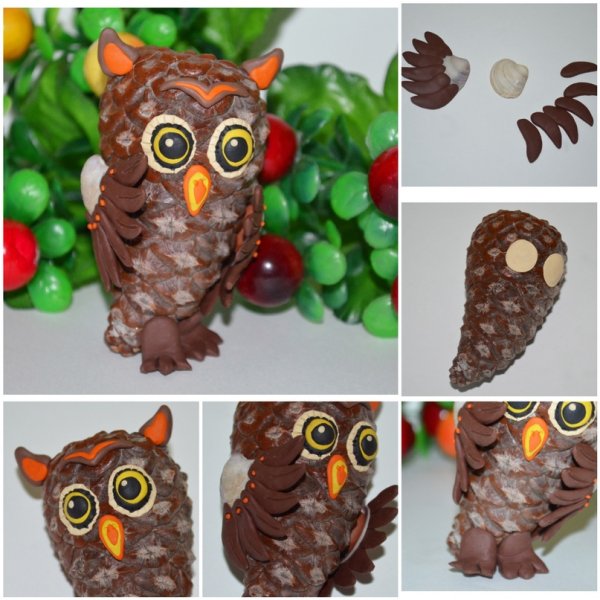 Сова из шишки и пластилина