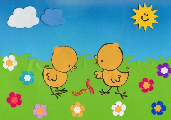Цыплята на лужайке рисование