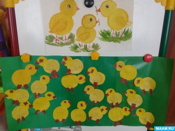 Аппликация цыплята на лугу младшая группа