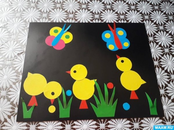 Аппликация цыплята на лугу 2 младшая группа
