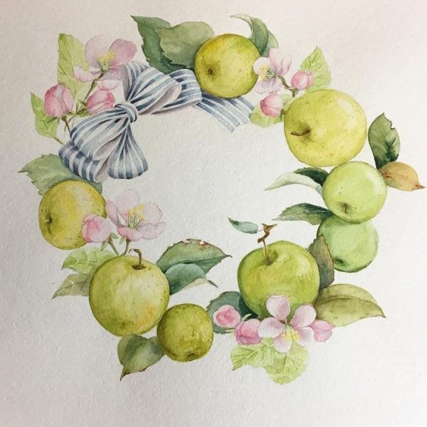Венок из яблок и винограда акварель