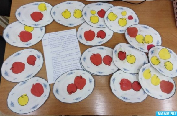 Яблоки на тарелке аппликация в младшей группе