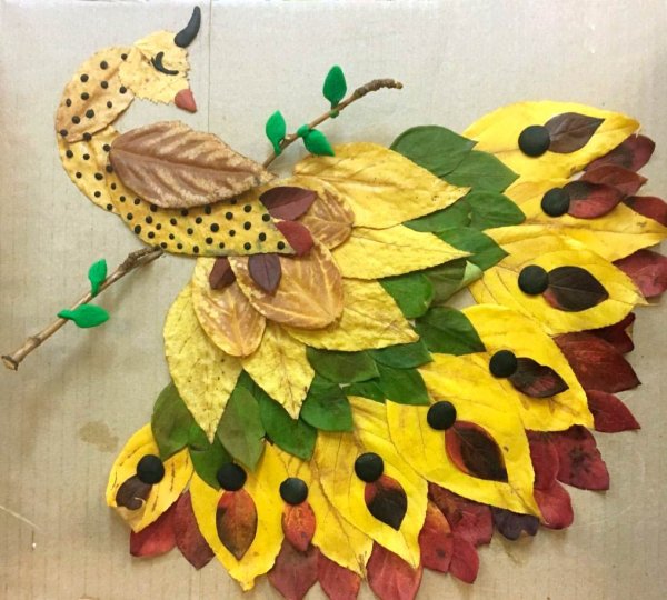 Жар птица из осенних листьев аппликация