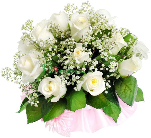 Букет из белых роз и гипсофилы