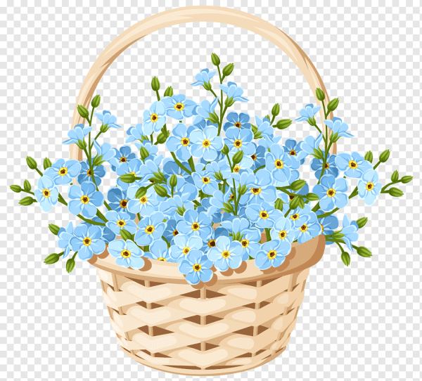 Мелкие голубые цветочки в корзине.