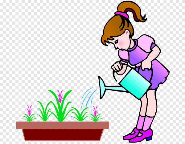 Мультяшка поливает цветы