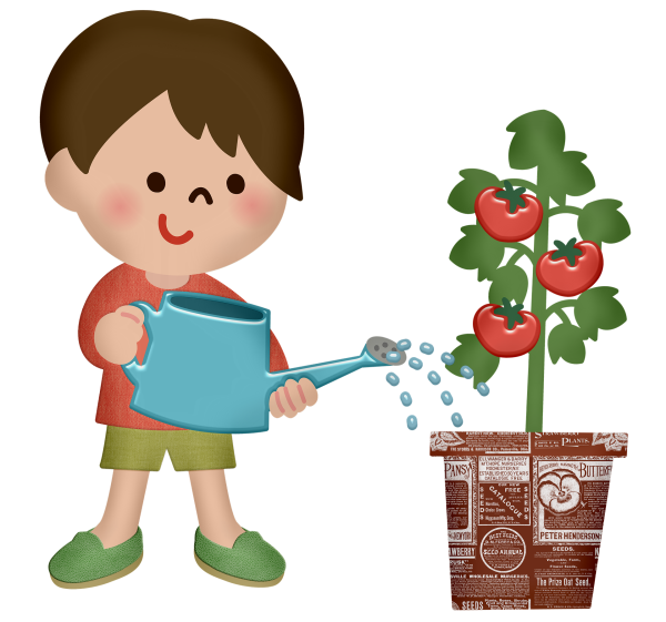 Мальчик поливает цветы