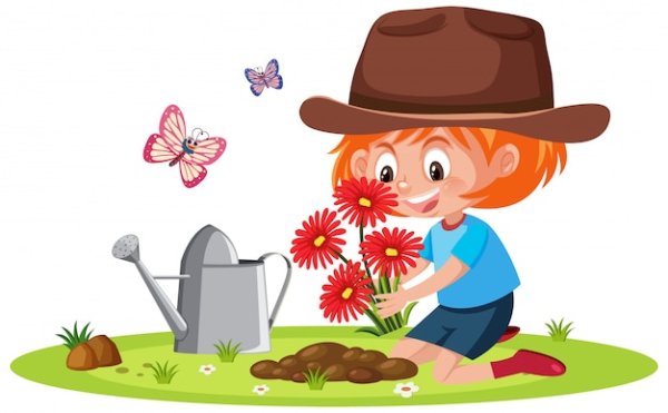 Девочка поливает цветы для детей