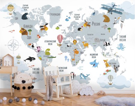 Фотообои в детскую карта мира с животными