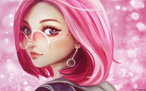 Девочка с розовыми волосами в очках