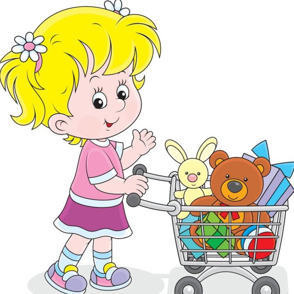 Иллюстрация мальчик с тележкой для покупок