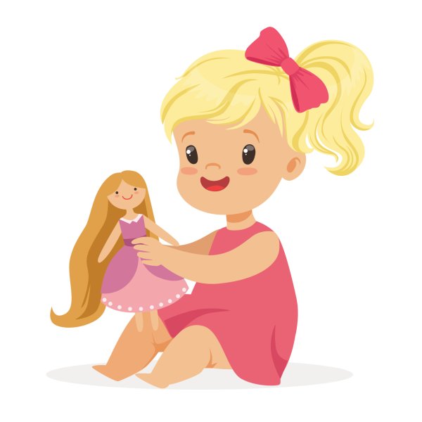 Мультяшная девочка с куклой на белом фоне