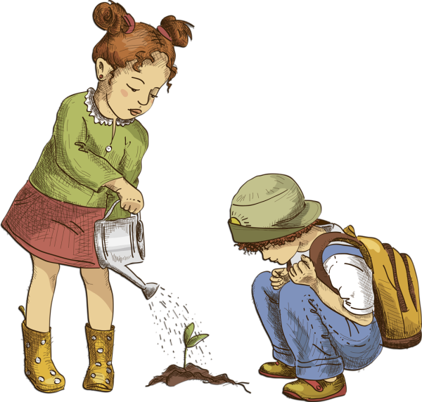 Мальчик и девочка с лейкой