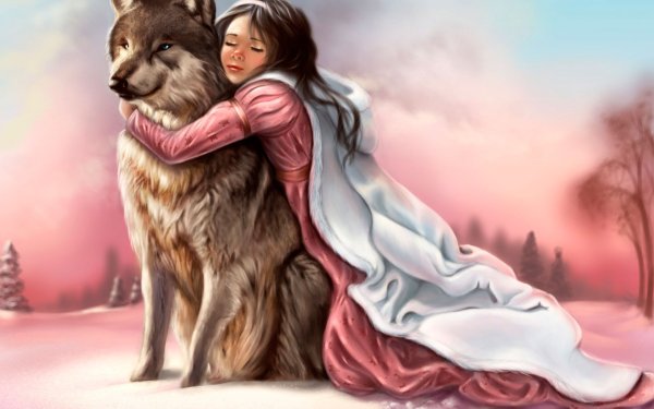 Волк обнимает девушку