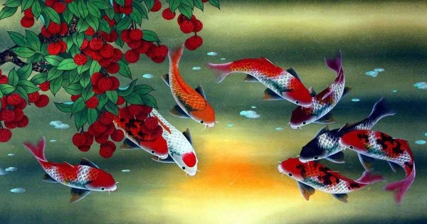 Живопись девять Карпов кои