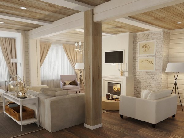 Светлая гостиная в деревянном доме