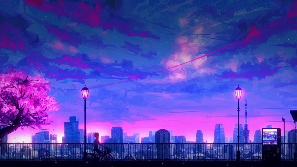 Анимешный фиолетовый город