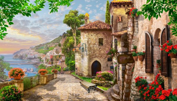 Фрески улочки Италии с кафе