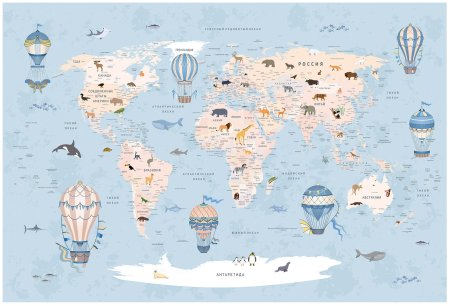 Фреска карта мира детская голубая