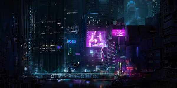 Cyberpunk 2077 город неон