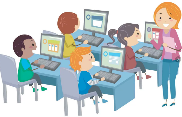 Ребенок за компьютером с учителем