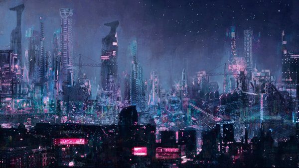 Киберпанк город арт неон 4к