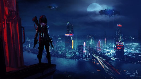 Cyberpunk 2077 город крыша