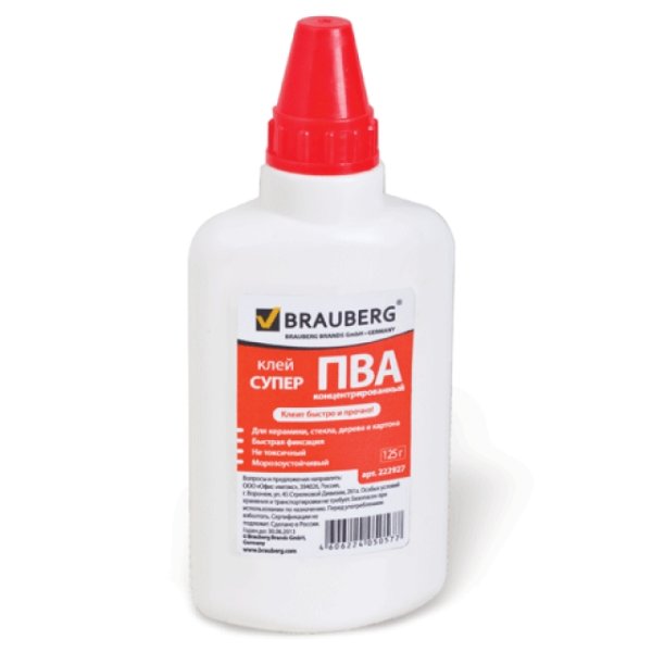 Клей ПВА-супер BRAUBERG керамика ткань кожа дерево бумага картон 125 г 222927