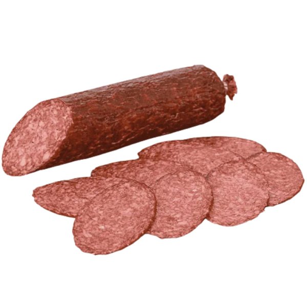 Копченая колбаса на белом фоне