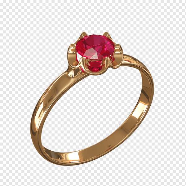 Кольцо золотое с красным камнем на прозрачном фоне