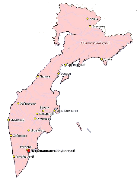 Карта Камчатки с поселками