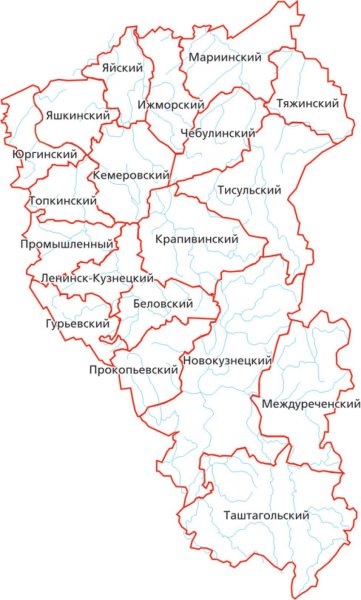 Контурная карта Кемеровской области с городами