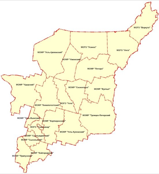 Карта Республики Коми с районами