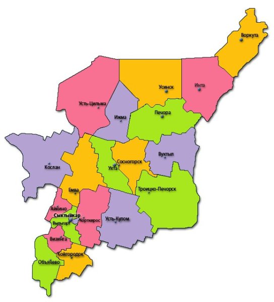 Республика Коми карта с районами и городами