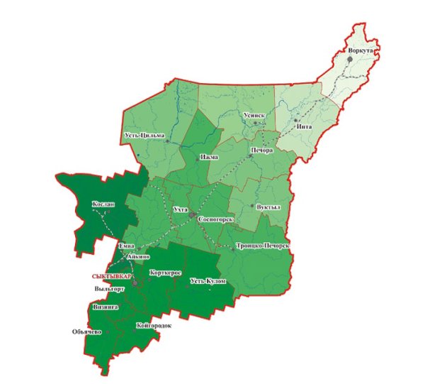 Карта Республики Коми административное деление