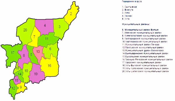 Карта Республики Коми по районам