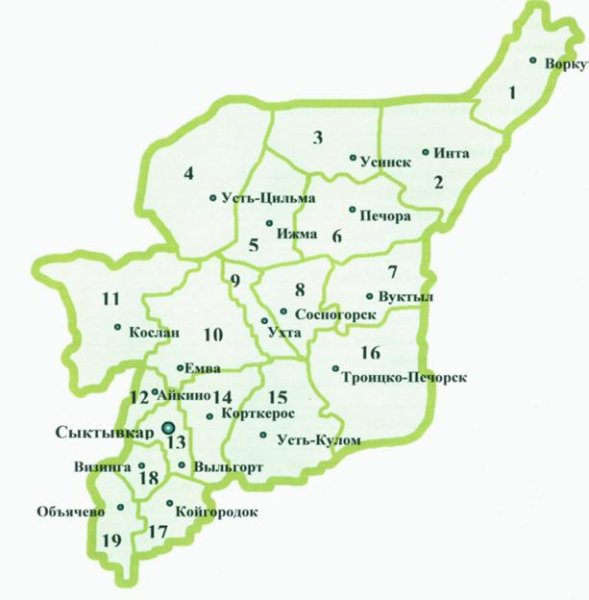 Усть-Цильма на карте Республики Коми