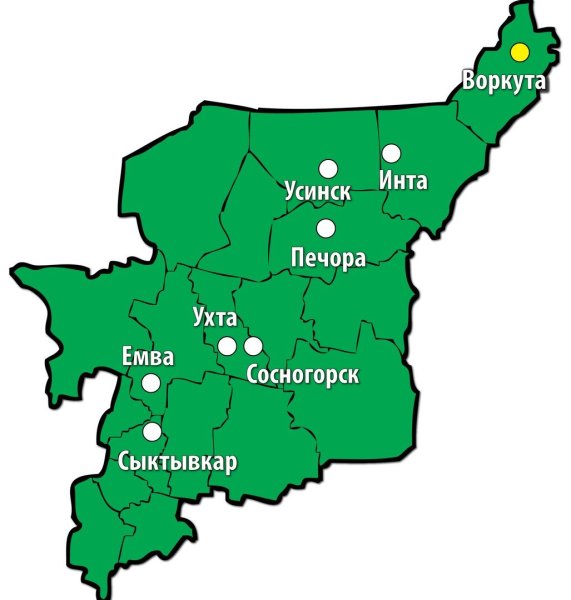 Карта Коми Республики с городами