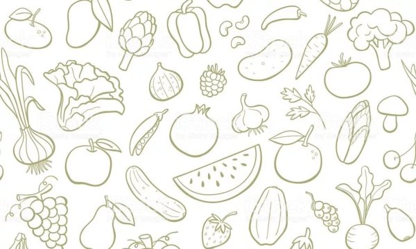 Паттерны с фруктами и овощами черно-белые