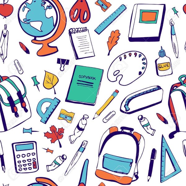 Рисунок школы на фоне школьных принадлежностей