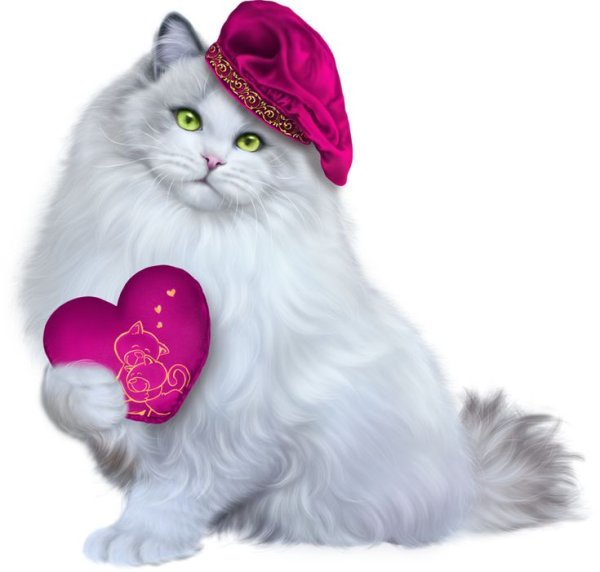 Белая кошка с сердечками