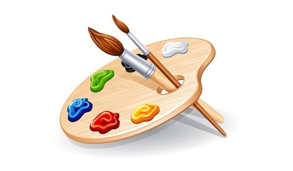 Палитра с красками на белом фоне