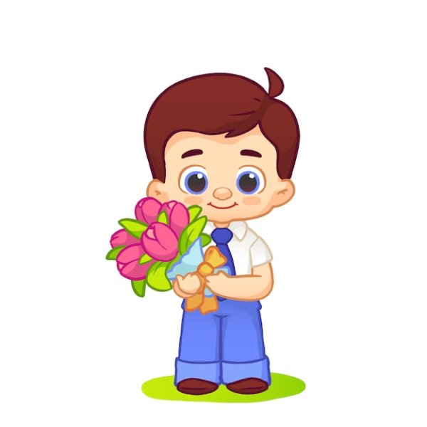 Мальчик дарит цветы на белом фоне